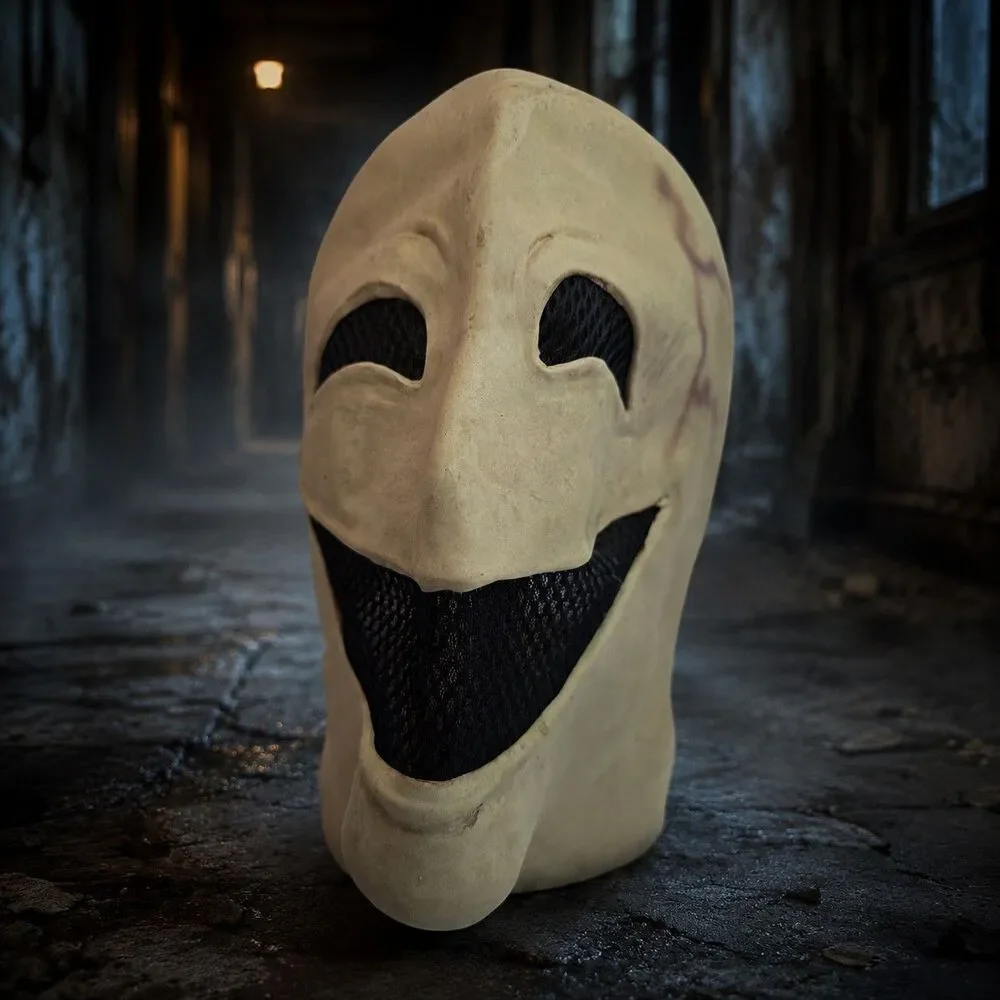 Creepy Slender Smiling Face Full Head Latex Halloween Mask Adult Horror Costume